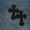 CHROME HEARTS CROSS PATCH BLACK EDGE JORTS WASHED DENIM