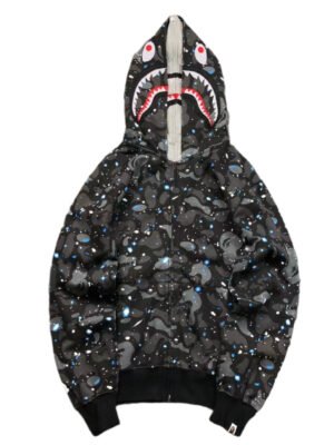BAPE SPACE CAMO DOUBLE SHARK FULL ZIP HOODIE BLACK