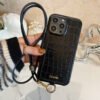 Alligator Print Celine iPhone Case With Card Holder And Strap Blcak -EYP241415