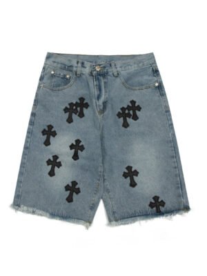 CHROME HEARTS BLACK CROSS PATCH JORTS WASHED DENIM