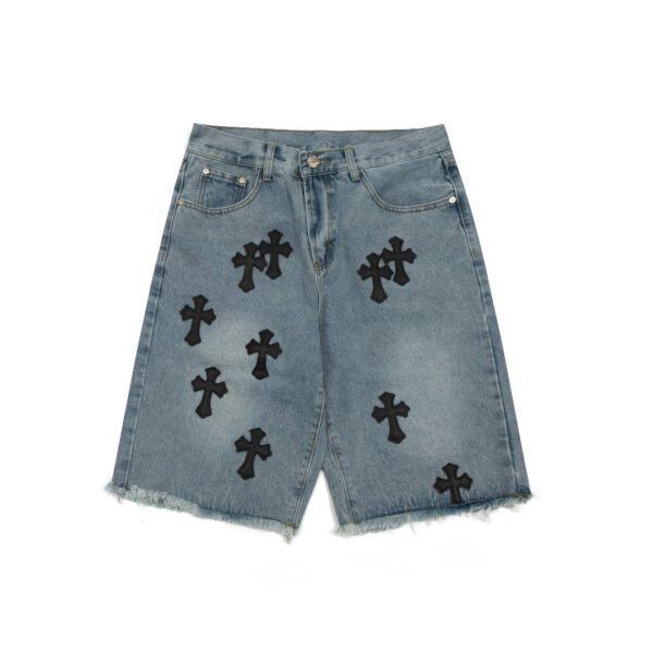 CHROME HEARTS BLACK CROSS PATCH JORTS WASHED DENIM