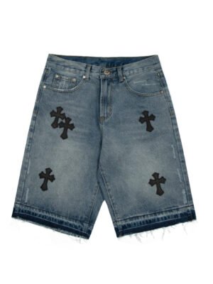 CHROME HEARTS CROSS PATCH BLACK EDGE JORTS WASHED DENIM