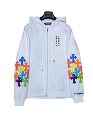 CHROME HEARTS MULTICOLOR CROSS PATCH ZIPPER HOODIE WHITE
