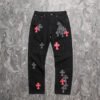 CHROME HEARTS PINK & CHECKERED CROSS PATCH FLEURKNEE JEANS BLACK