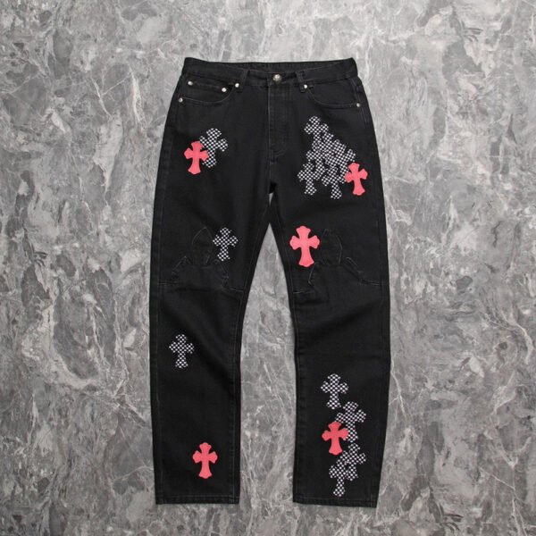 CHROME HEARTS PINK & CHECKERED CROSS PATCH FLEURKNEE JEANS BLACK