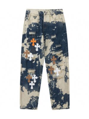 CHROME HEARTS TIE DYE WHITE ORANGE CROSS PATCH JEANS