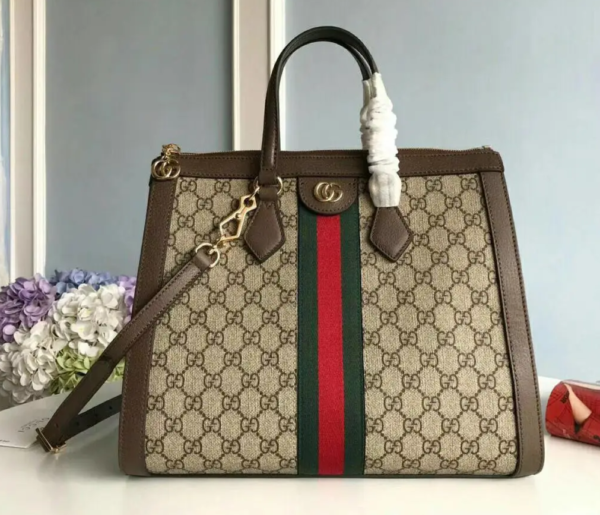 gg Ophidia gg Medium Tote Bag Beige/Ebony gg Supreme Canvas With Brown For Women 13in/33cm gg 524537 K05NB 8745