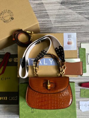 gg Bamboo 1947 Crocodile Top Handle Bag Red For Women, Women’s Bags 10.2in/26cm gg