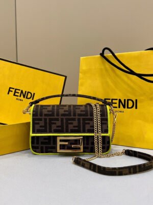 FI Baguette Small Brown Fabric Yellow Border Bag For Woman 18cm/7in