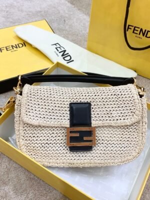 FI Baguette Woven Straw Black For Women, Handbags, Shoulder And Crossbody Bags 10.2in/26cm FF