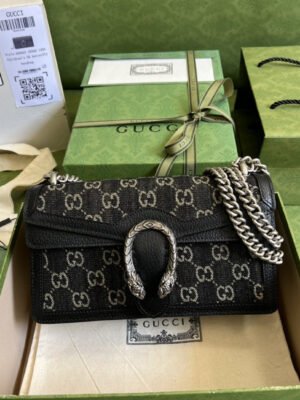 gg Dionysus Small gg Shoulder Bag Black And Ivory gg Denim Jacquard For Women 10in/25cm 499623