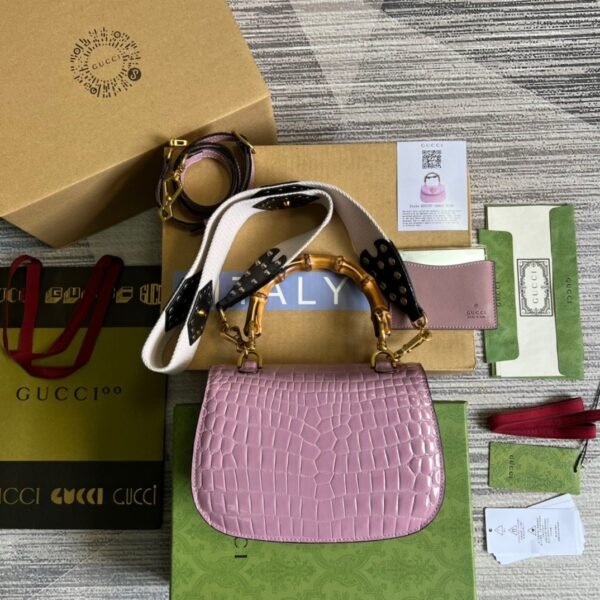 gg Bamboo 1947 Crocodile Top Handle Bag Pink For Women, Women’s Bags 10.2in/26cm gg