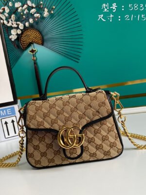 gg Ladies gg Canvas Marmont Mini Top Handle Bag Beige/Ebony Diagonal Matelass¨¦ Original gg Canvas 8.3in/21cm gg 583571 HVKEG 9772