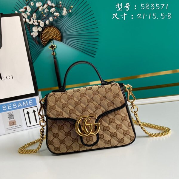 gg Ladies gg Canvas Marmont Mini Top Handle Bag Beige/Ebony Diagonal Matelass¨¦ Original gg Canvas 8.3in/21cm gg 583571 HVKEG 9772