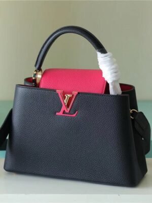 LV Capucines MM Taurillon Black/ Rose Berlingot For Women, Women’s Bags, Shoulder And Crossbody Bags 12.4in/31.5cm LV M59882