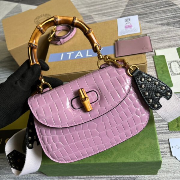 gg Bamboo 1947 Crocodile Top Handle Bag Pink For Women, Women’s Bags 10.2in/26cm gg