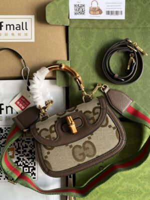 gg Bamboo 1947 Jumbo gg Small Top Handle Bag Camel And Ebony Jumbo gg Canvas Brown For Women 8.3in/21cm 675797 UKMDT 2570