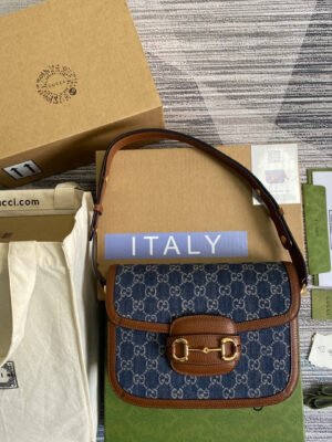 gg Horsebit 1955 Shoulder Bag Blue And Ivory For Women, Women’s Bags 9.8in/25cm gg