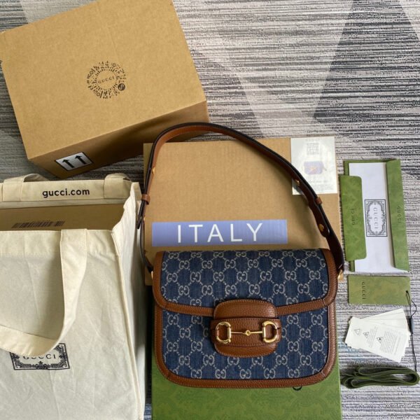 gg Horsebit 1955 Shoulder Bag Blue And Ivory For Women, Women’s Bags 9.8in/25cm gg