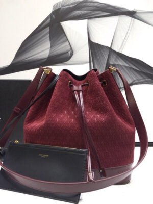 YSSL All-Over Monogram Bucket Bag Burgundy For Women 10.5in/27cm YSL?