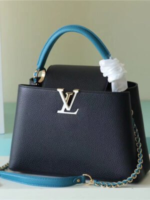 LV Capucines MM Taurillon Black/ Blue For Women, Women’s Bags, Shoulder And Crossbody Bags 12.4in/31.5cm LV 