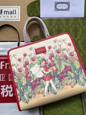 gg Children’s Tote Bag With Strawberry Fairy Print Red For Women, Women’s Bags 11in/28cm gg? ?630542 U6IAN 8257