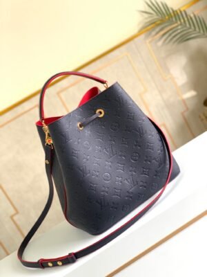 LV NeoNoe MM Bucket Bag Monogram Empreinte Navy Blue/Red For Women, Women¡¯s Handbags, Shoulder And Crossbody Bags 10.2in/26cm LV M45306
