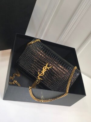 YSSL Kate Medium Chain Bag With Tassel In Embossed Crocodile Black For Women 9.4in/24cm YSL 354119DND0J1000