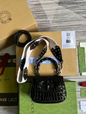 gg Bamboo 1947 Crocodile Mini Top Handle Blac Red For Women, Women’s Bags 6.7in/17cm gg