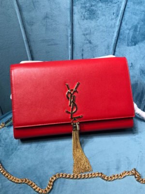 YSSL Kate Medium Chain Bag With Tassel In Grain De Poudre Red For Women 9.4in/24cm YSL