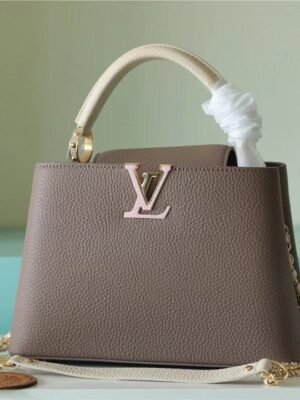 LV Capucines BB Taurillon Smokey Brown Green/ Creme/ Pink For Women, Women’s Bags, Shoulder And Crossbody Bags 10.6in/27cm LV