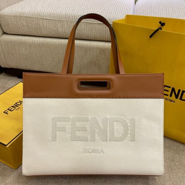 FI Canvas Tote Bag Beige/Brown For Women, Handbags 18.1in/46cm FF 7VA480