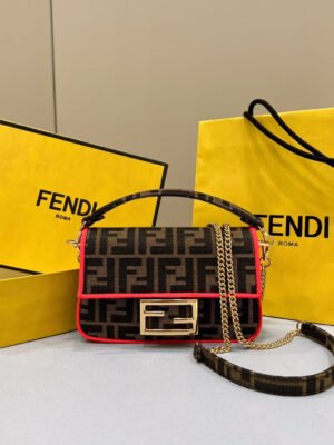 FI Baguette Small Brown Fabric Orange Border Bag For Woman 18cm/7in