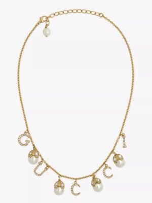 18K Double G Logo Plaque Embellished Pearl Necklace