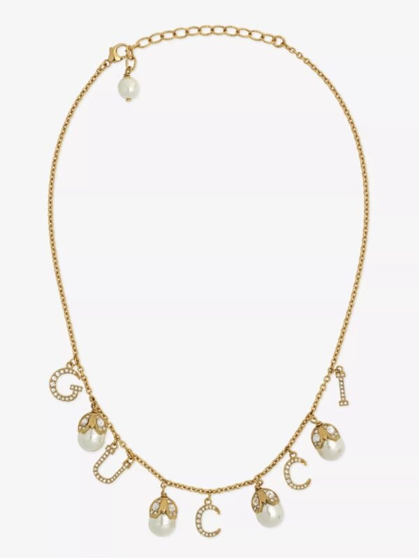 18K Double G Logo Plaque Embellished Pearl Necklace