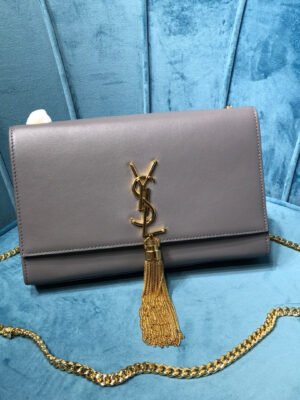 YSSL Kate Medium Chain Bag With Tassel In Grain De Poudre Grey For Women 9.4in/24cm YSL