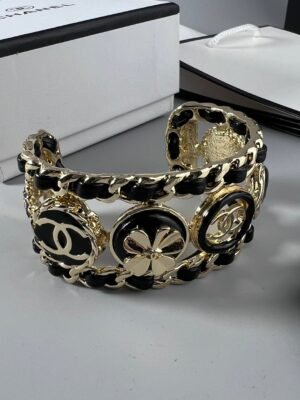 18K CC Leather Open Cuff Bracelet
