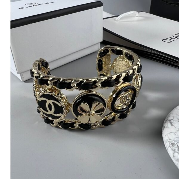 18K CC Leather Open Cuff Bracelet