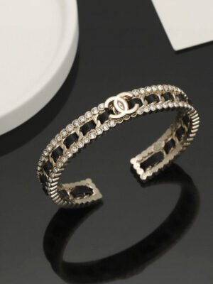 18K CC Black Leather Open Cuff Bracelet