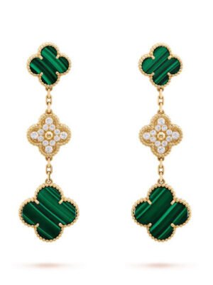 18K Magic Alhambra Three Malachite Motifs Clover Earrings