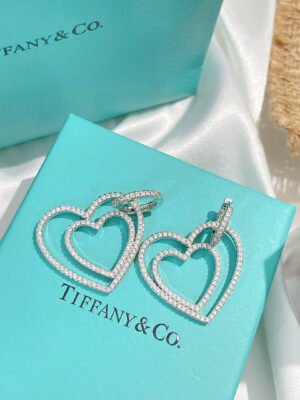 18K T Double Heart Diamond Earrings
