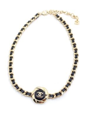 18K CC Rhinestone Leather Choker Necklace