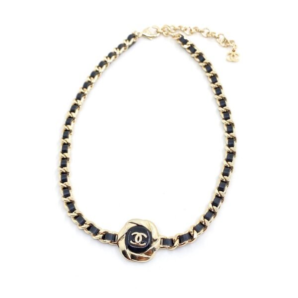 18K CC Rhinestone Leather Choker Necklace