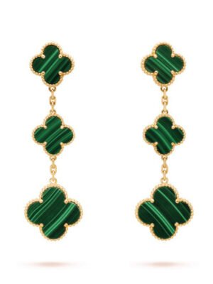 18K Magic Alhambra Three Malachite Motifs Clover Earrings