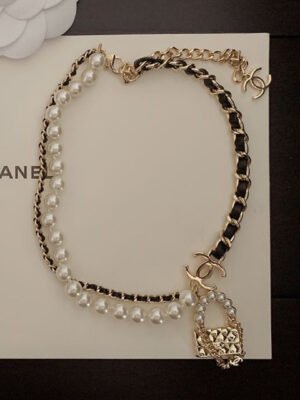 18K CC Pearl Leather Bag Pendant Necklace