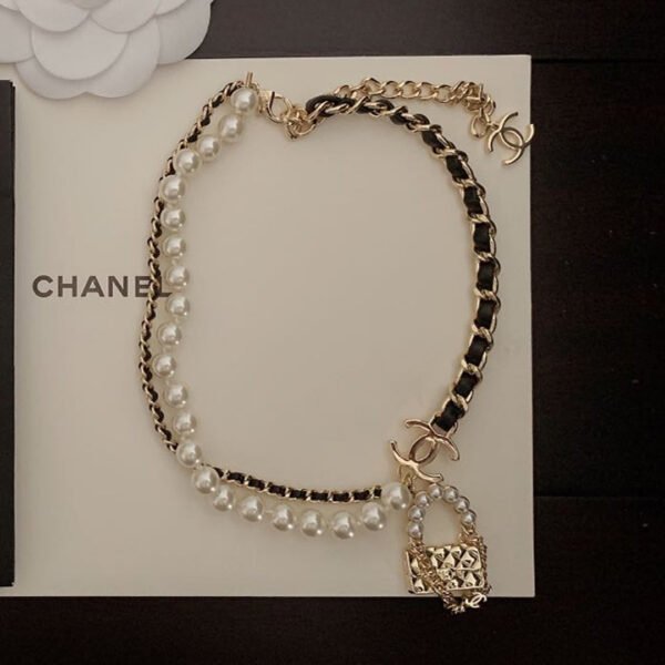 18K CC Pearl Leather Bag Pendant Necklace