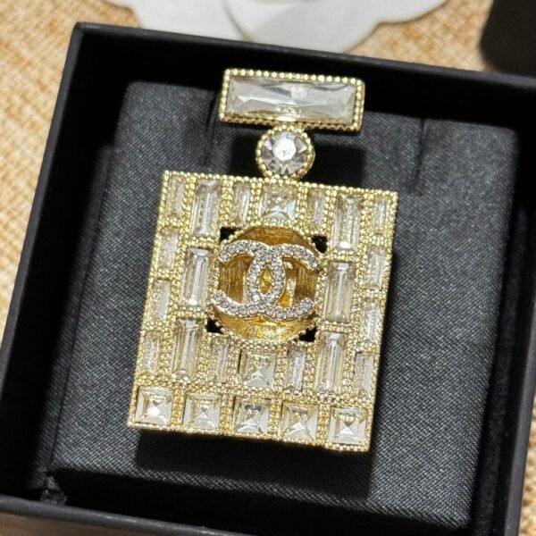 18K CC Perfume Bottle Crystals Brooch
