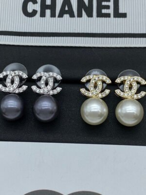 18K CC Pearl Drop Gold Earrings