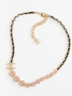 18K CC Pink Crystals Leather Necklace