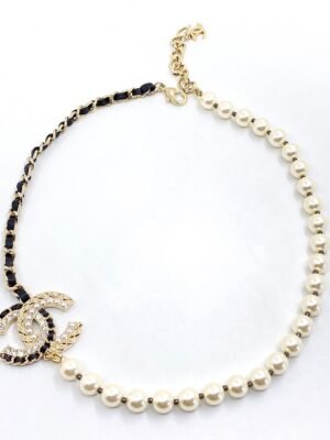 18K CC Leather Pearls Necklace